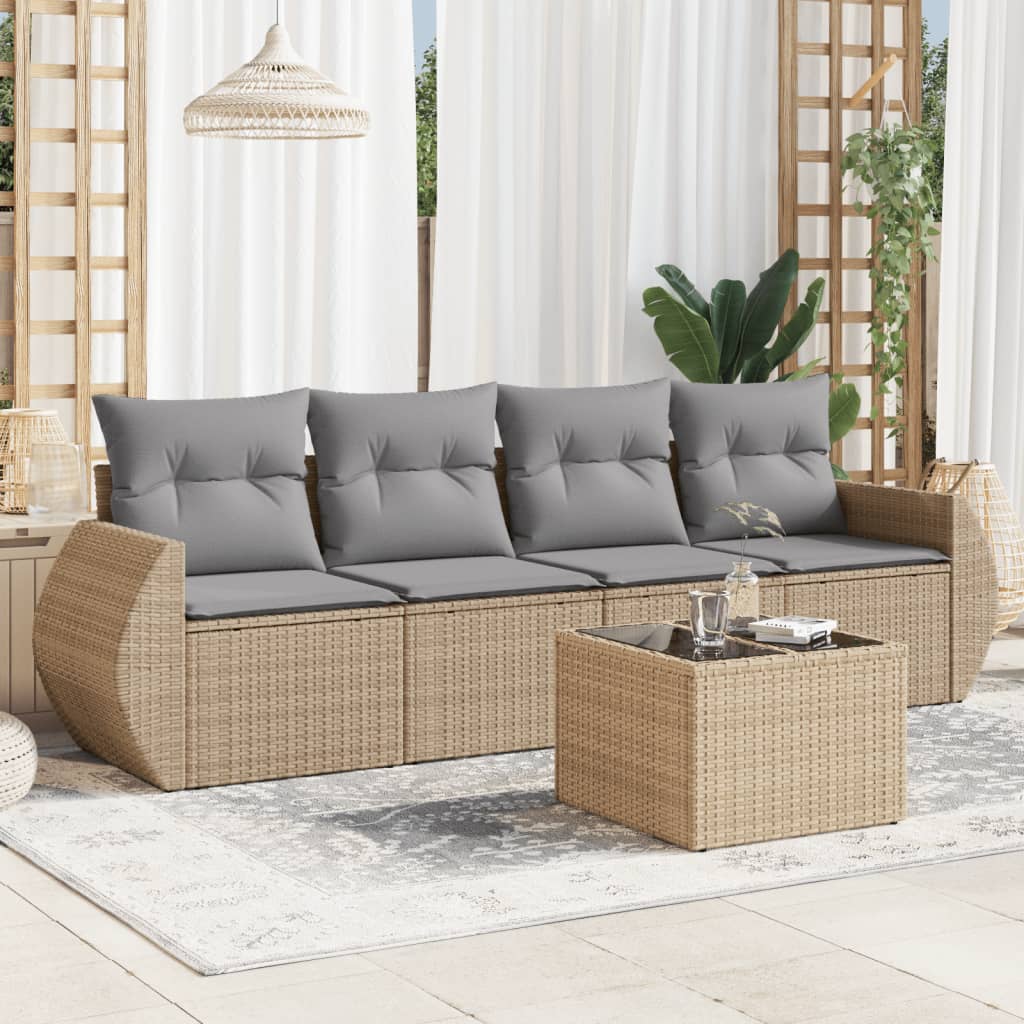 vidaXL 5-tlg. Garten-Sofagarnitur mit Kissen Beige Poly Rattan