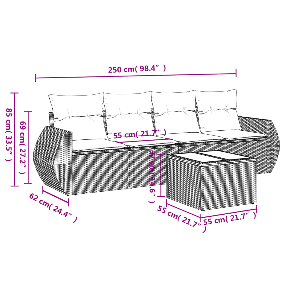 Set canapea de grădină cu perne, 5 piese, gri, poliratan 3221089 - imagine 3