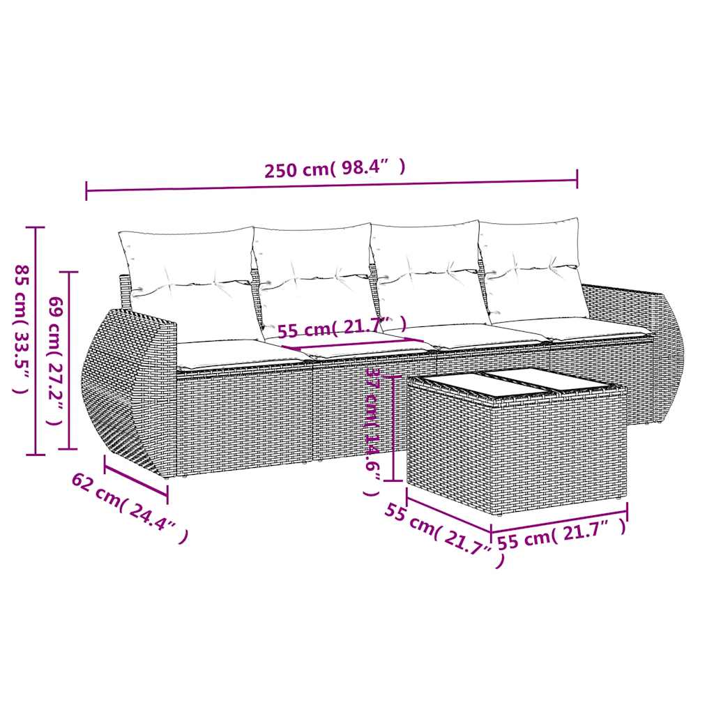 vidaXL 5-delige Loungeset met kussens poly rattan lichtgrijs afbeelding