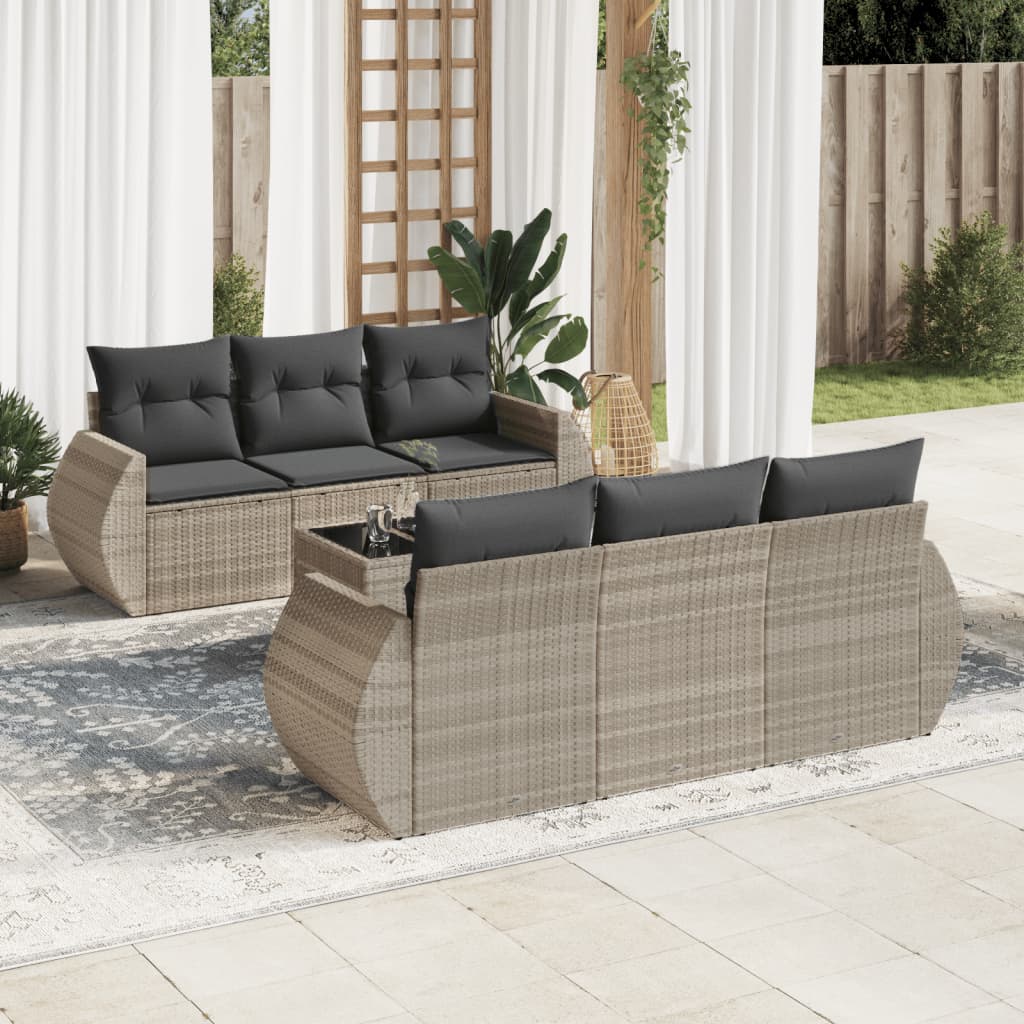 vidaXL 7-tlg. Garten-Sofagarnitur mit Kissen Hellgrau Poly Rattan