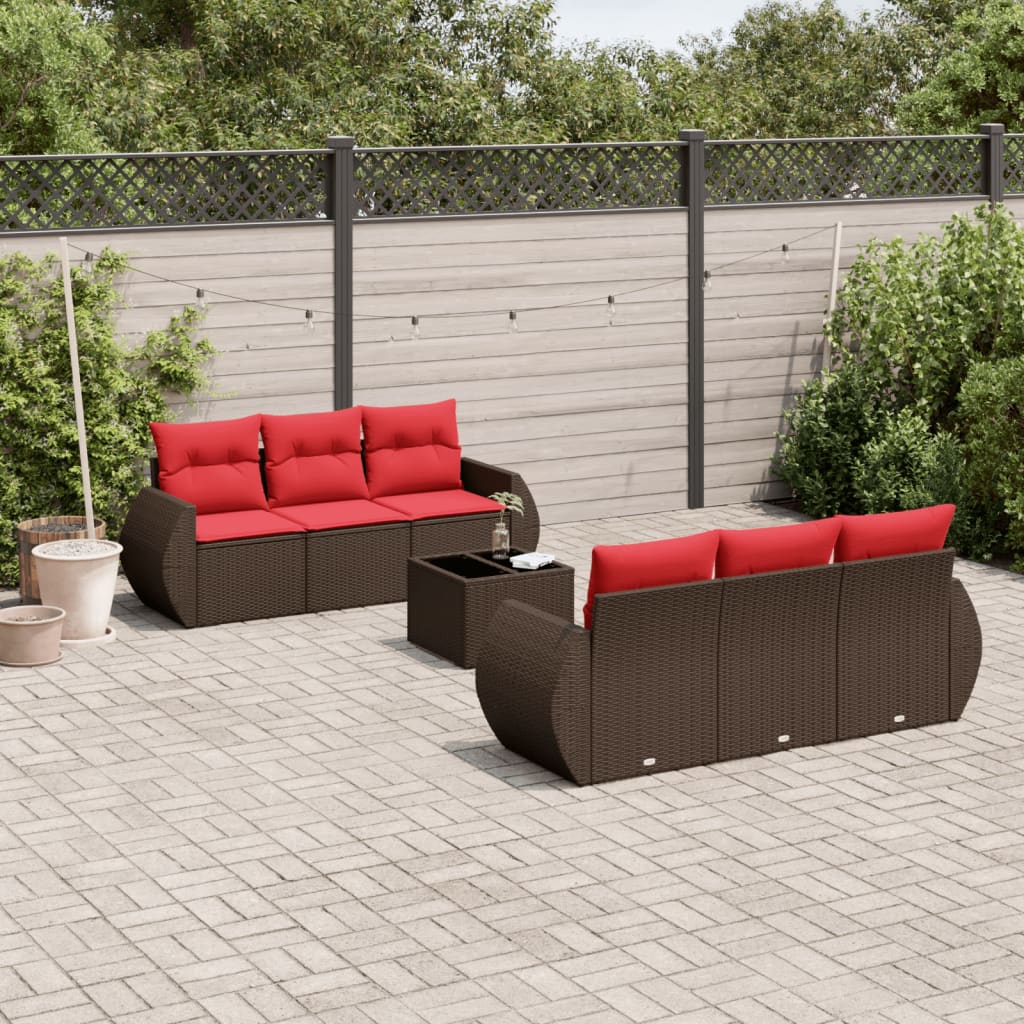 7-tlg. Garten-Sofagarnitur mit Kissen Braun Poly Rattan