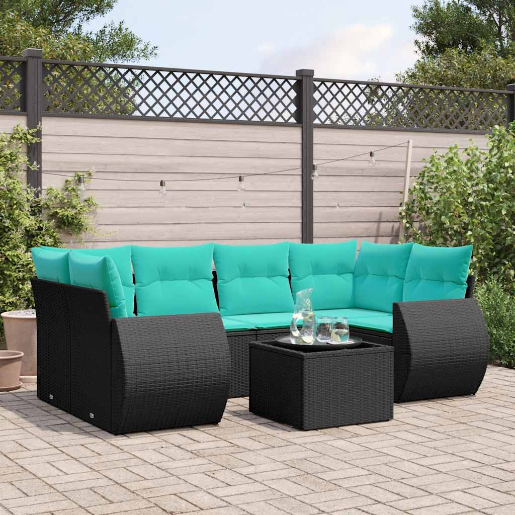 Havesofasæt i sort polyrattan med 7 blå hynder - modulært