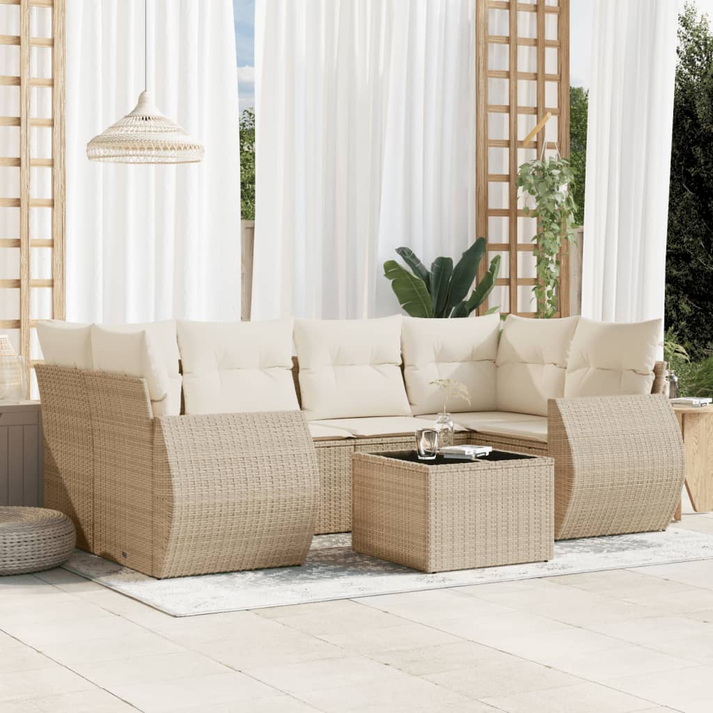 vidaXL 7-tlg. Garten-Sofagarnitur mit Kissen Beige Poly Rattan