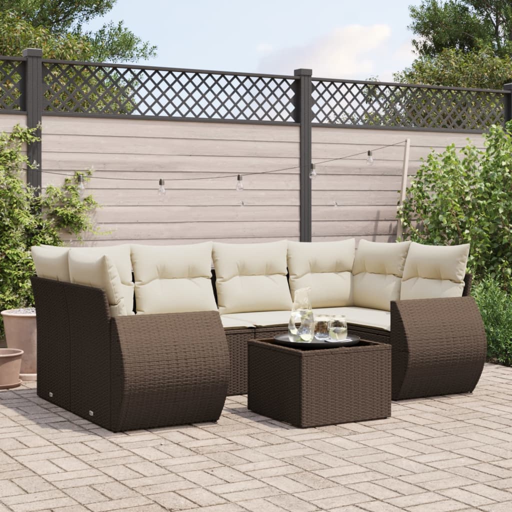 vidaXL 7-tlg. Garten-Sofagarnitur mit Kissen Braun Poly Rattan