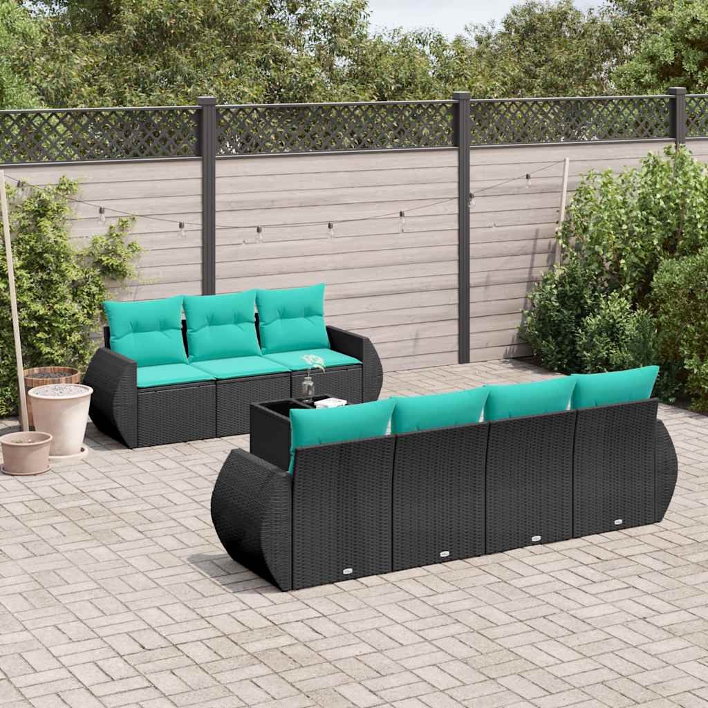 vidaXL 8-teiliges Gartensofa-Set mit Kissen, schwarzes Polyrattan