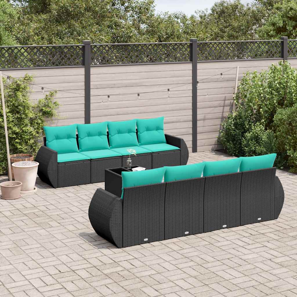 vidaXL 9-teiliges Gartensofa-Set mit Kissen, schwarzes Polyrattan