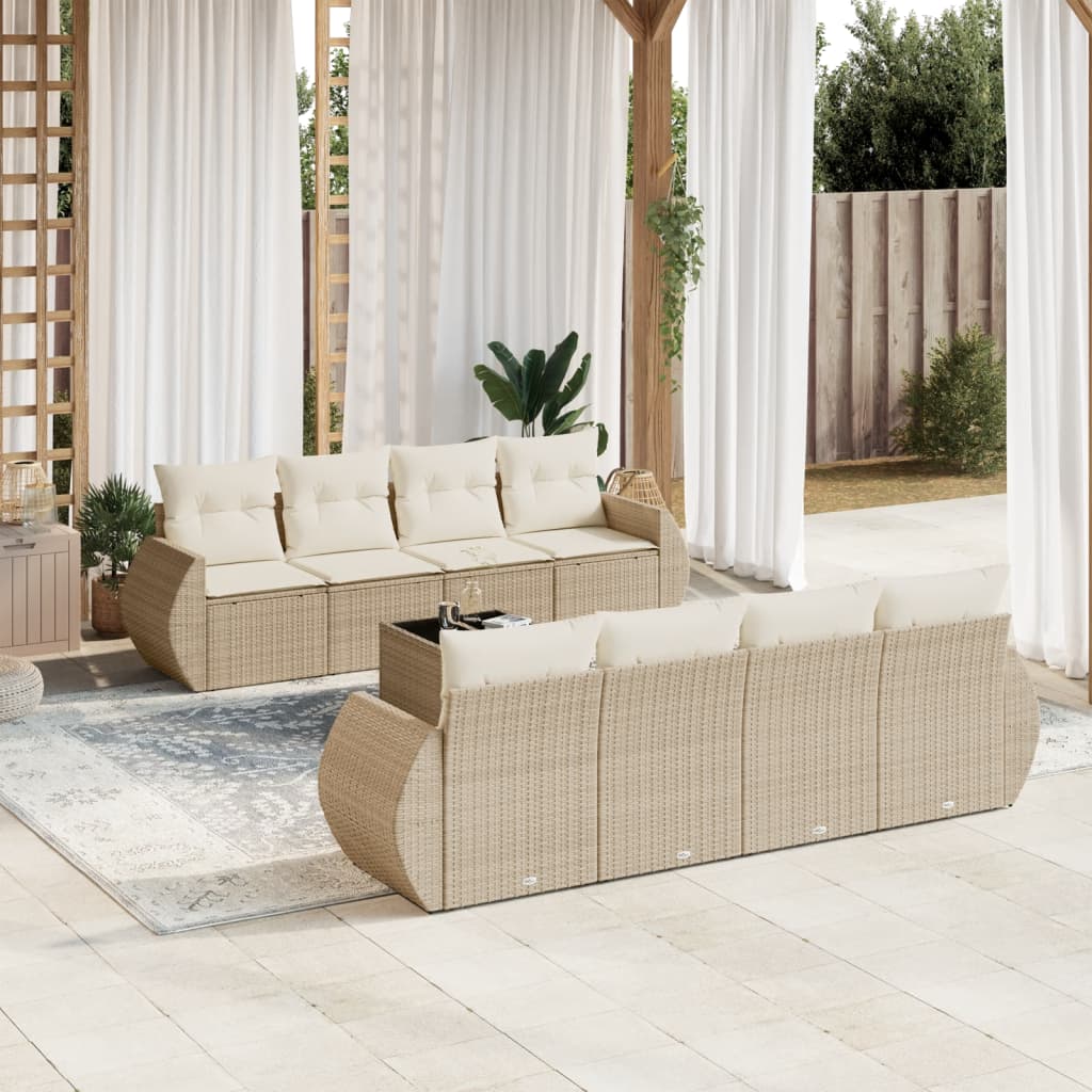 9-tlg. Garten-Sofagarnitur mit Kissen Beige Poly Rattan