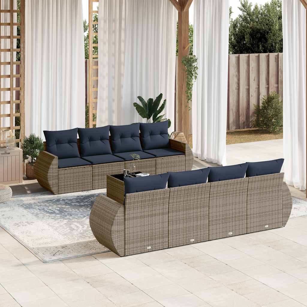 vidaXL 9-teiliges Gartensofa-Set mit Kissen, grau, Polyrattan