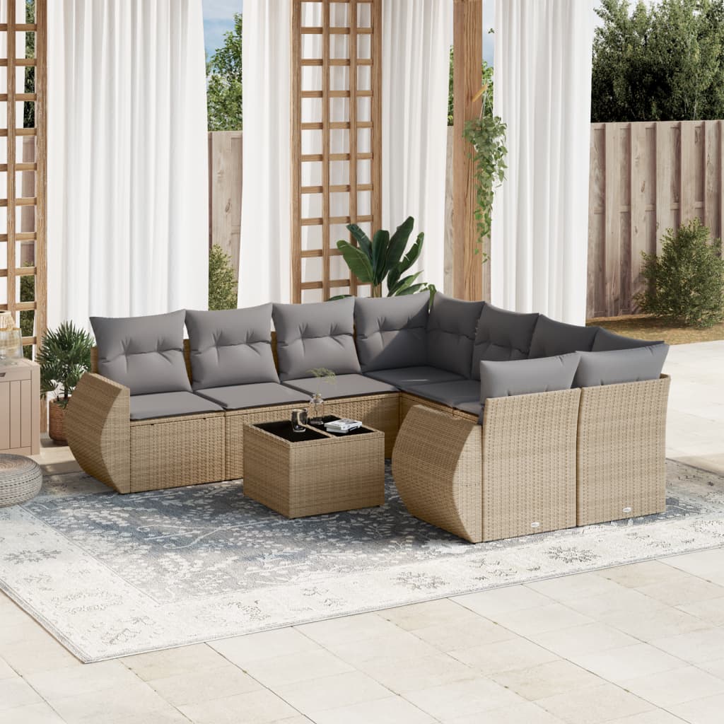 vidaXL 9-tlg. Garten-Sofagarnitur mit Kissen Beige Poly Rattan