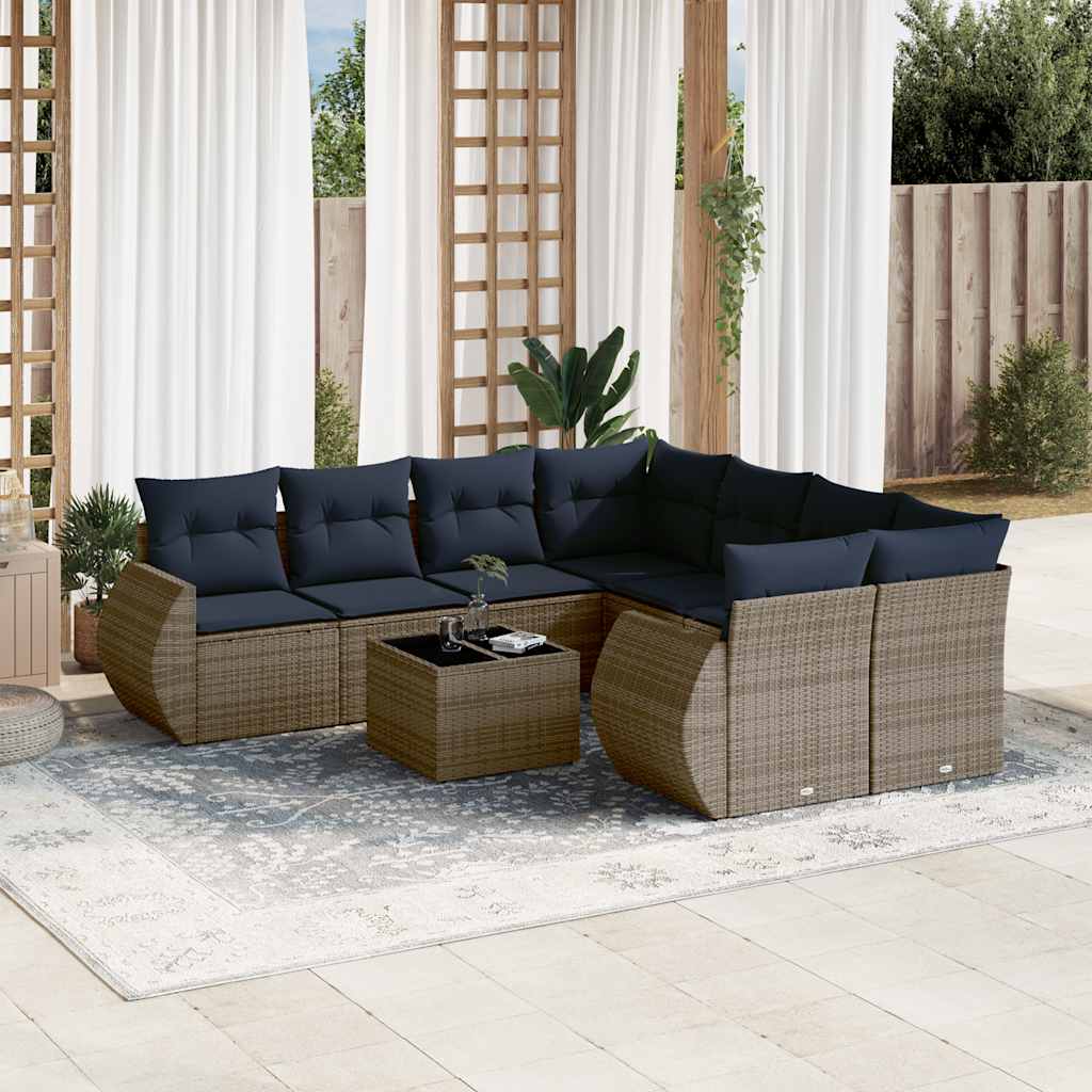 9-teiliges Gartensofa-Set mit Kissen, grau, Polyrattan