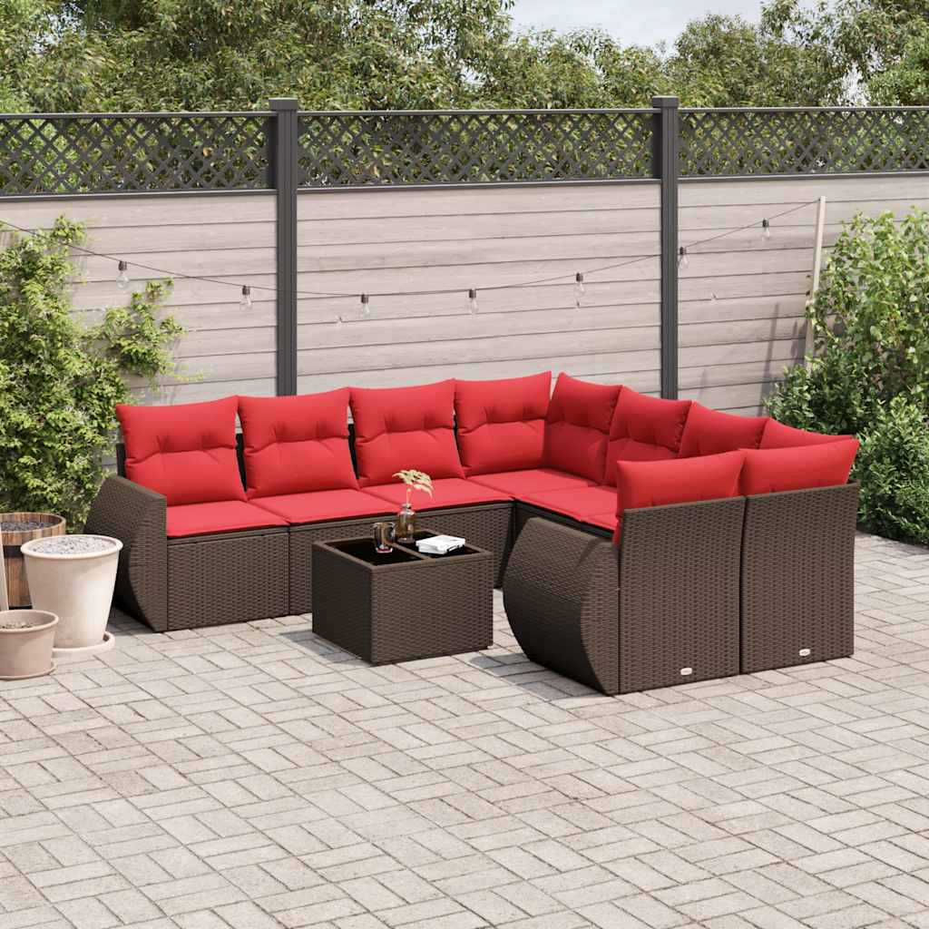 9 Piece Patio Sofa Set with Cushions Brown Poly Rattan