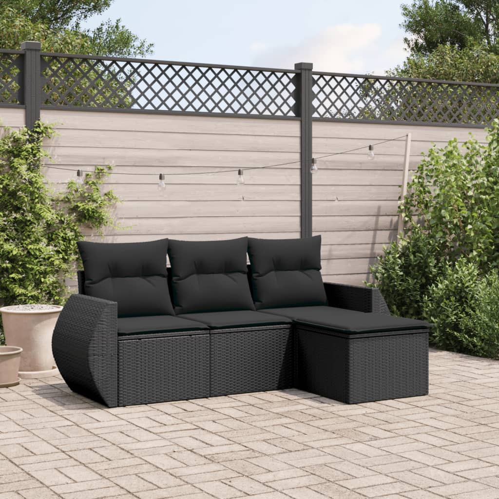 vidaXL 4-tlg. Garten-Sofagarnitur mit Kissen Schwarz Poly Rattan