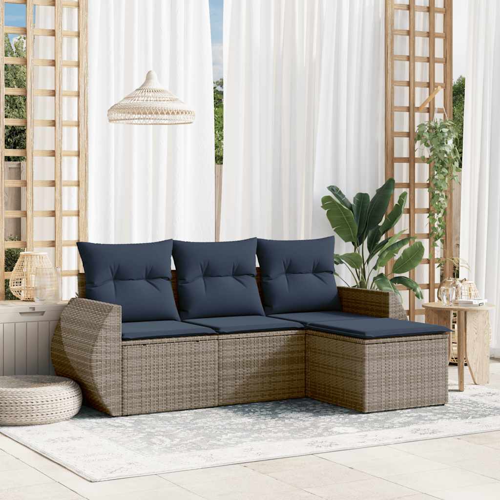 4-teiliges Gartensofa-Set mit Kissen, grau, Polyrattan