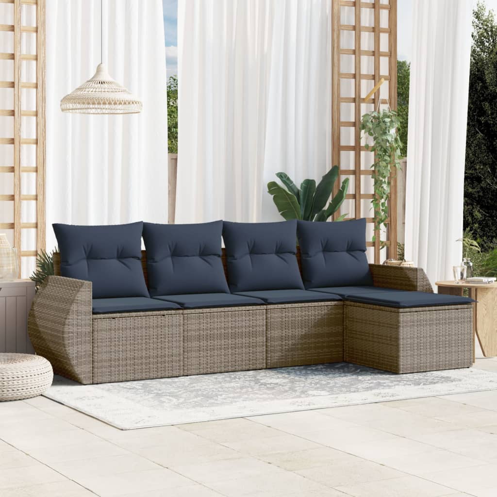 Havesofasæt i polyrattan med hynder - 5 dele, grå/marineblå