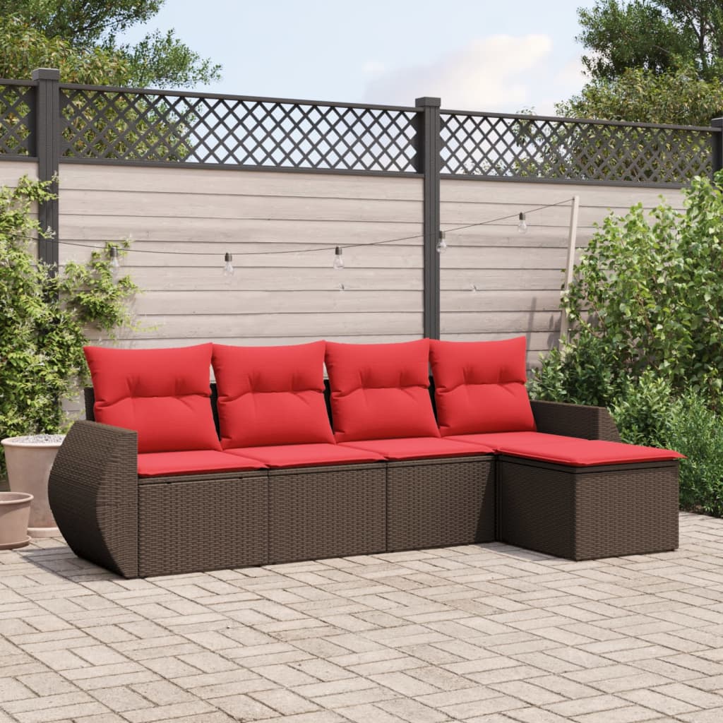 5 Piece Patio Sofa Set with Cushions Brown Poly Rattan