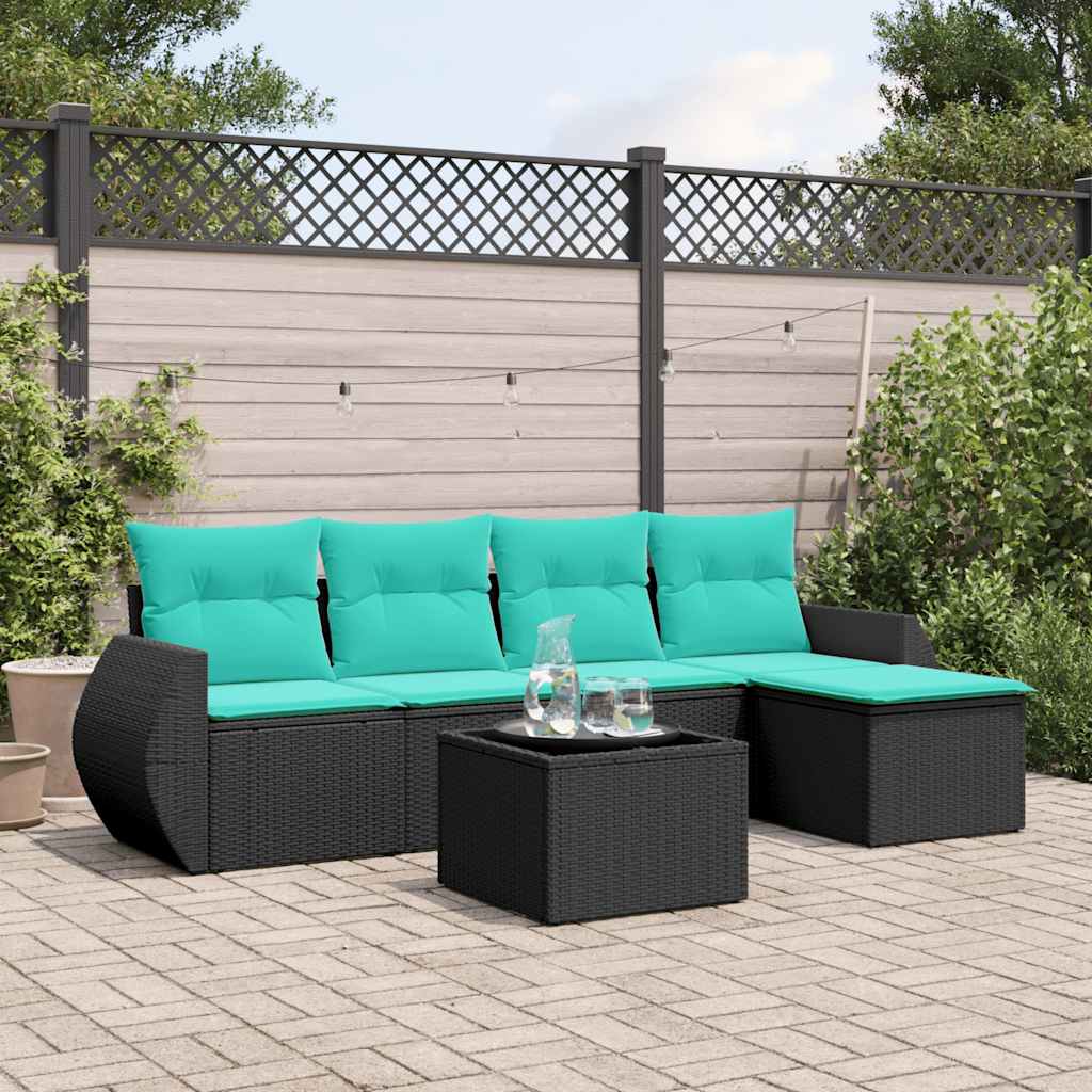 6-teiliges Gartensofa-Set mit Kissen, schwarzes Polyrattan