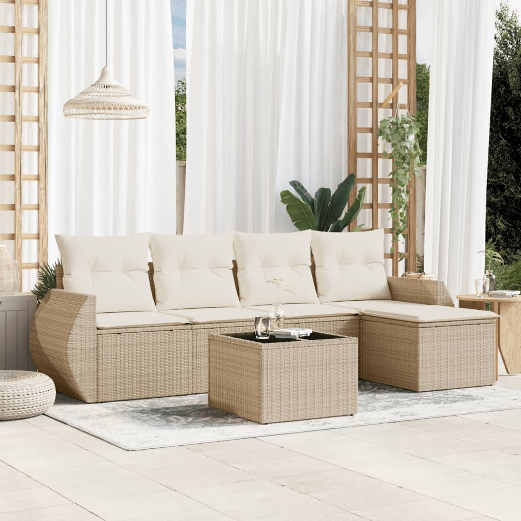 vidaXL 6-tlg. Garten-Sofagarnitur mit Kissen Beige Poly Rattan