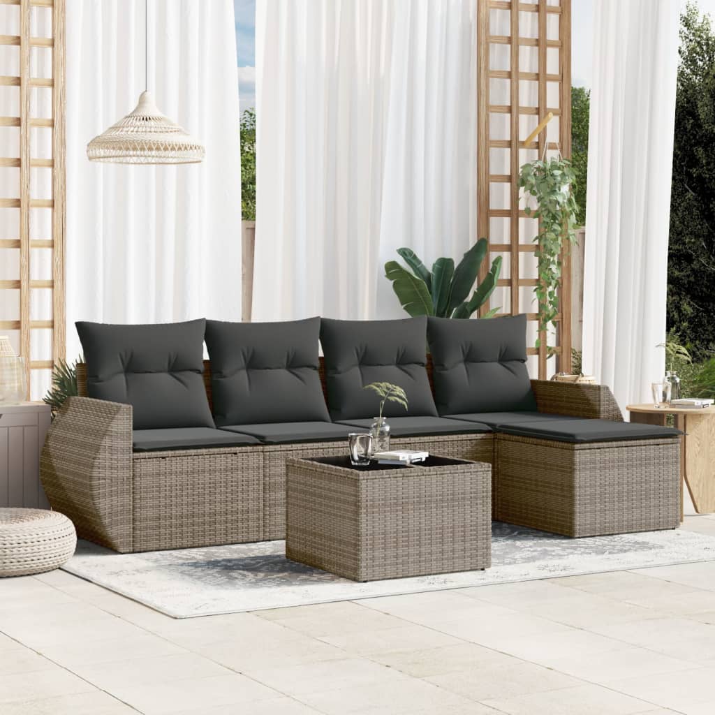 6-tlg. Garten-Sofagarnitur mit Kissen Grau Poly Rattan