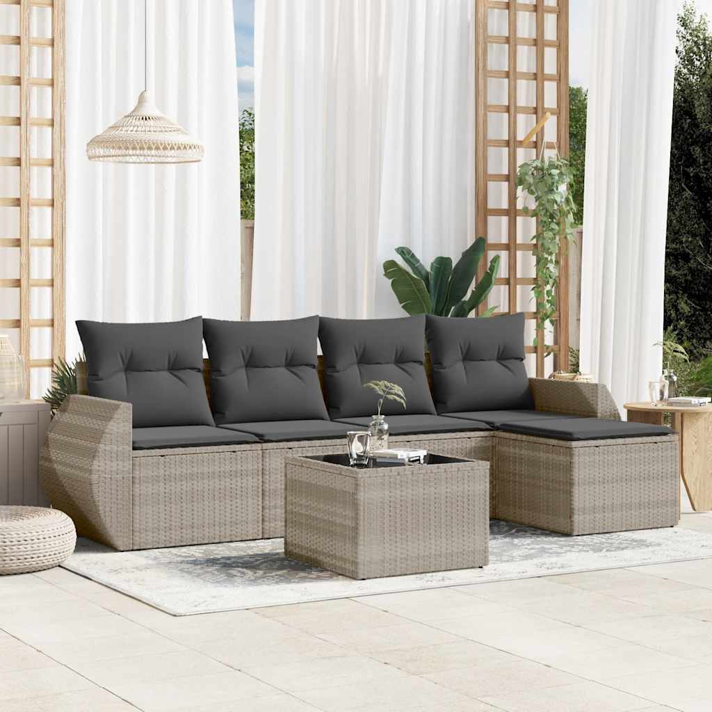 vidaXL 6-tlg. Garten-Sofagarnitur mit Kissen Hellgrau Poly Rattan