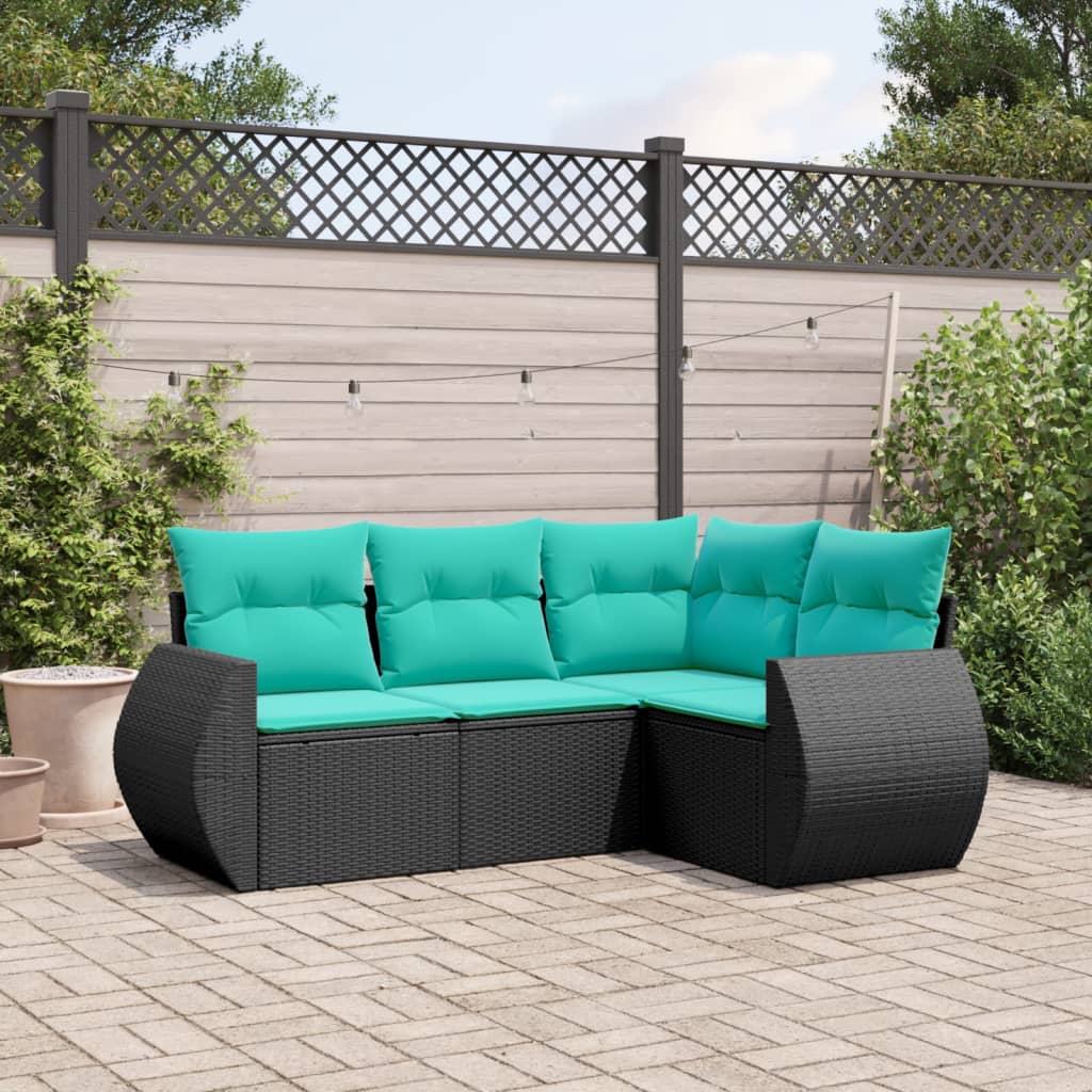 vidaXL 4-teiliges Gartensofa-Set mit Kissen, schwarzes Polyrattan