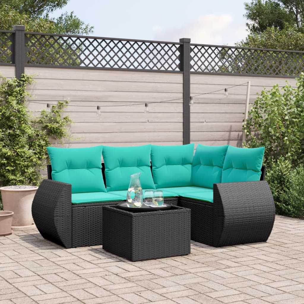 5 Piece Patio Sofa Set with Cushions Black Poly Rattan