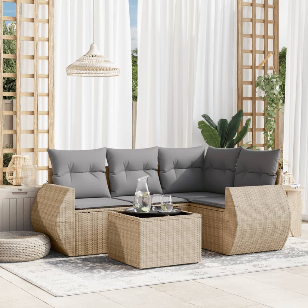 vidaXL 5-tlg. Garten-Sofagarnitur mit Kissen Beige Poly Rattan