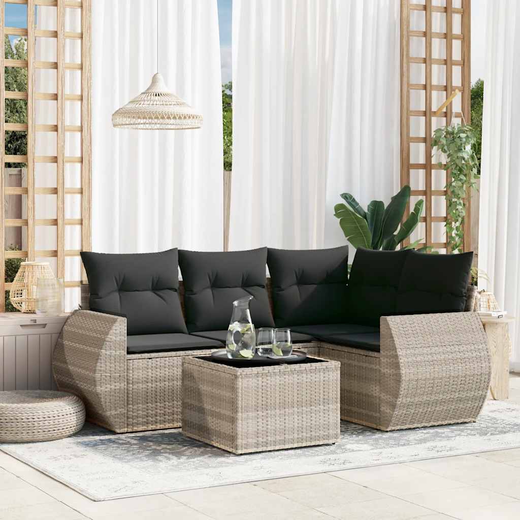 vidaXL 5-tlg. Garten-Sofagarnitur mit Kissen Hellgrau Poly Rattan