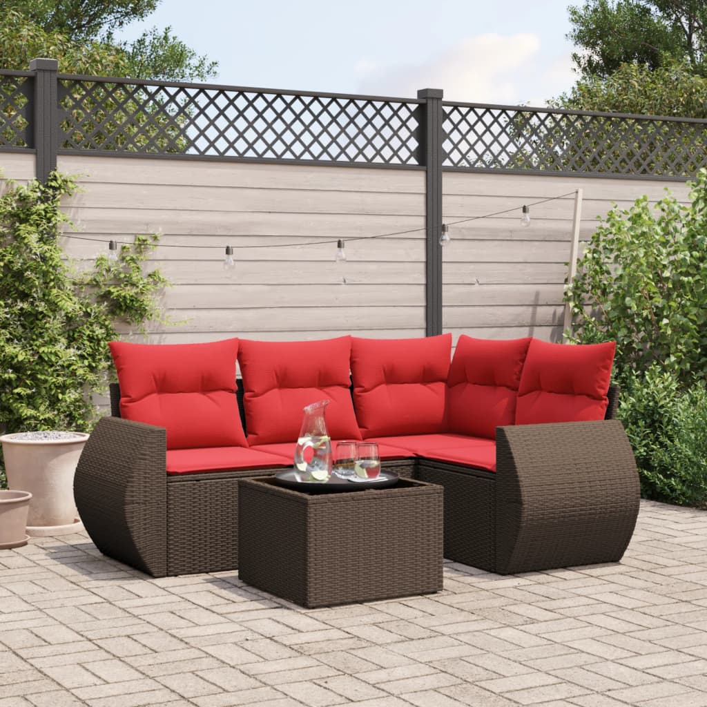 5 Piece Patio Sofa Set with Cushions Brown Poly Rattan