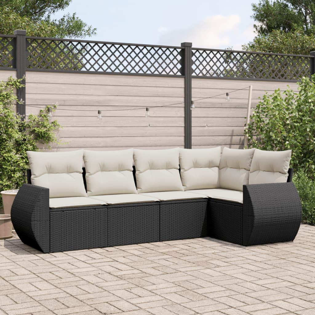 vidaXL 5-tlg. Garten-Sofagarnitur mit Kissen Schwarz Poly Rattan