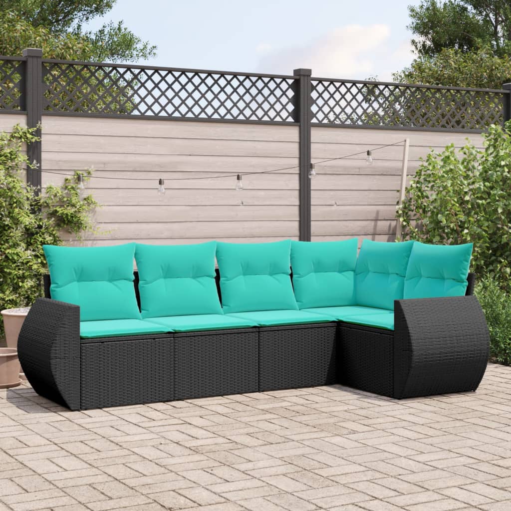 Havesofasæt i polyrattan med 5 dele og blå hynder - sort