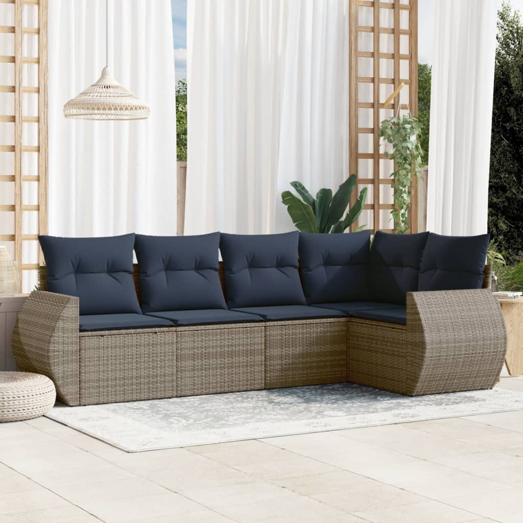 vidaXL 5-teiliges Gartensofa-Set mit Kissen, grau, Polyrattan