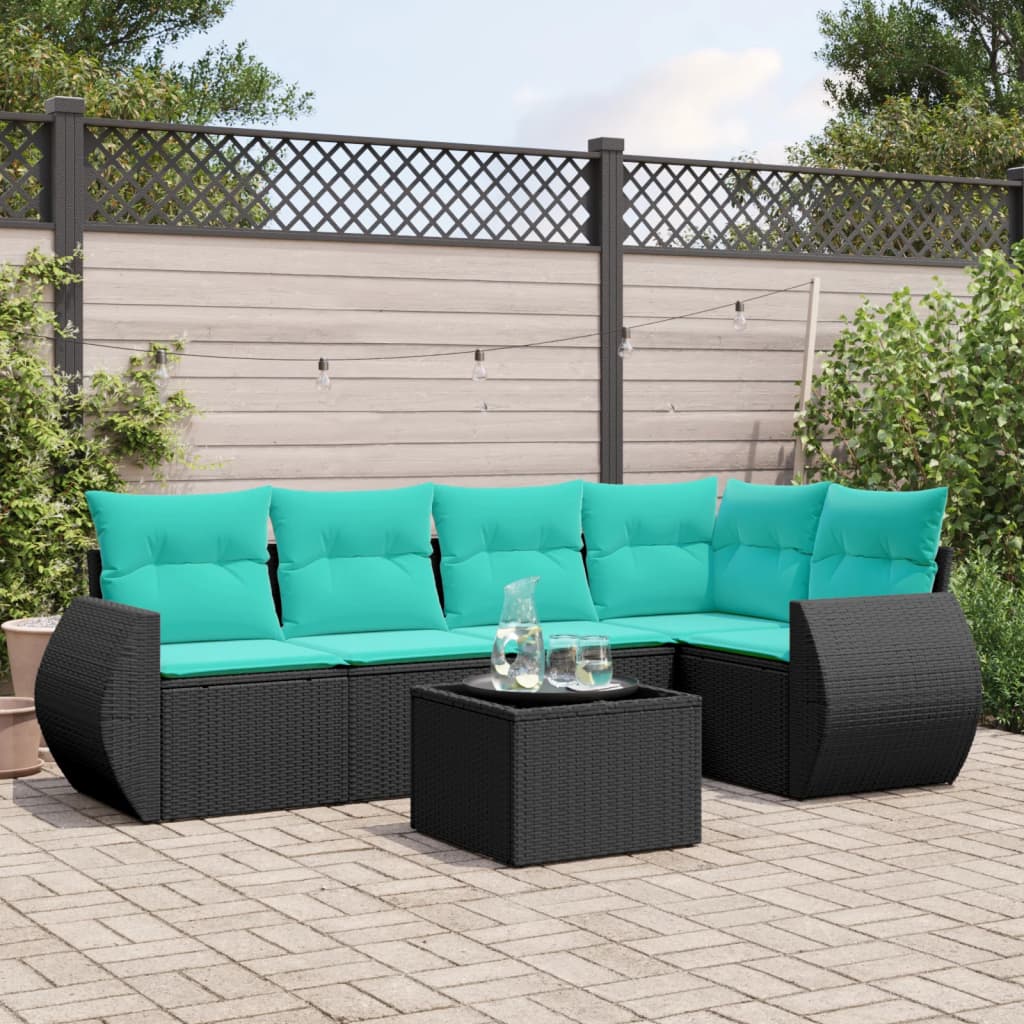 vidaXL 6-teiliges Gartensofa-Set mit Kissen, schwarzes Polyrattan