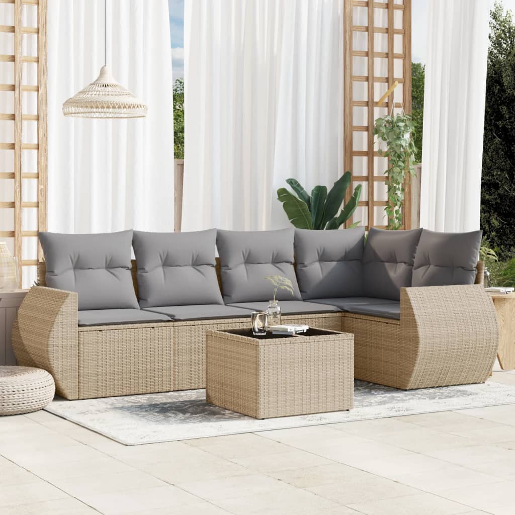 vidaXL 6-tlg. Garten-Sofagarnitur mit Kissen Beige Poly Rattan