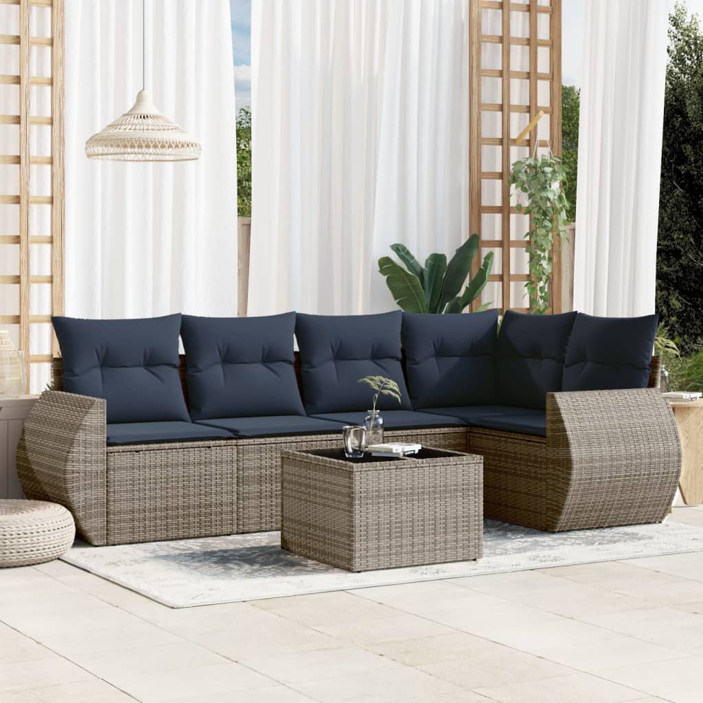vidaXL 6-teiliges Gartensofa-Set mit Kissen, grau, Polyrattan