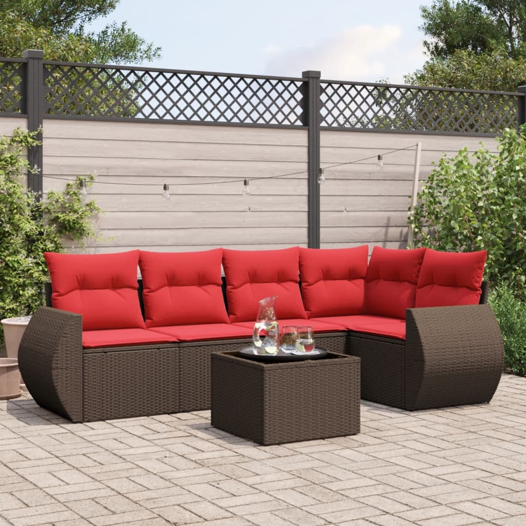 6 Piece Patio Sofa Set with Cushions Brown Poly Rattan