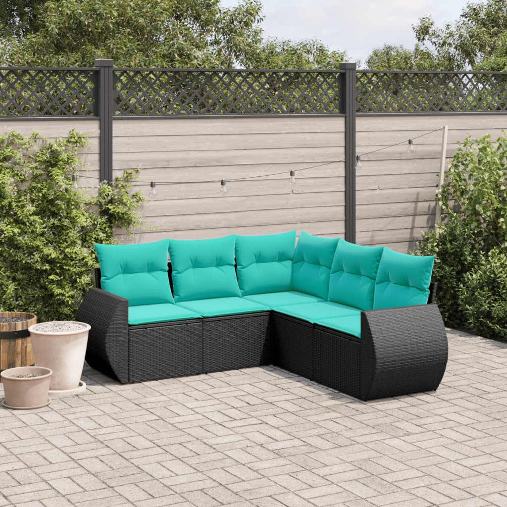 vidaXL 5-teiliges Gartensofa-Set mit Kissen, schwarzes Polyrattan