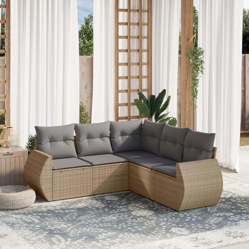 vidaXL 5-tlg. Garten-Sofagarnitur mit Kissen Beige Poly Rattan