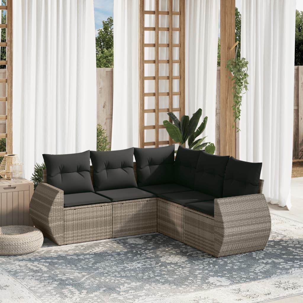 5-tlg. Garten-Sofagarnitur mit Kissen Hellgrau Poly Rattan