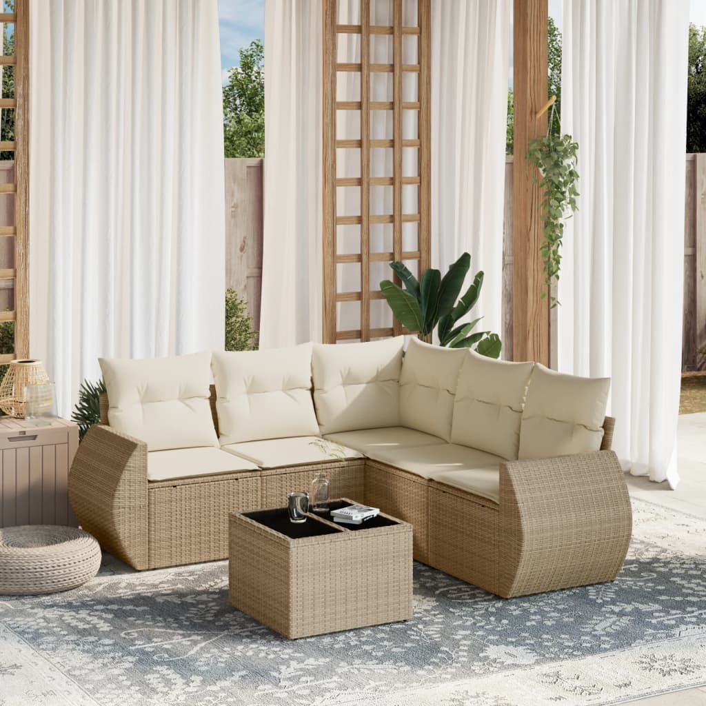 vidaXL 6-tlg. Garten-Sofagarnitur mit Kissen Beige Poly Rattan