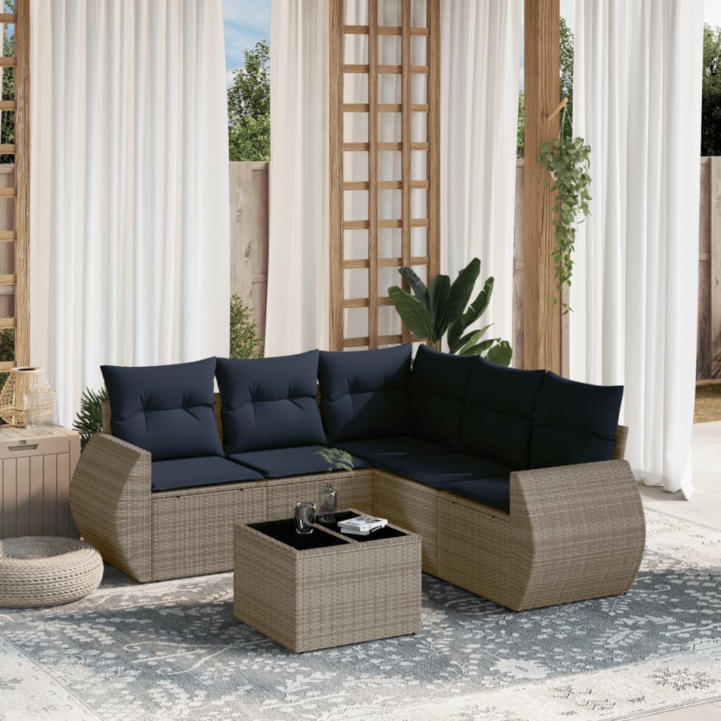 6-teiliges Gartensofa-Set mit Kissen, grau, Polyrattan