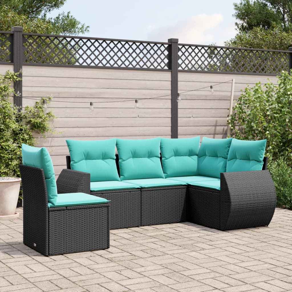 Havesofasæt i sort polyrattan med blå hynder - 5 dele, modulært