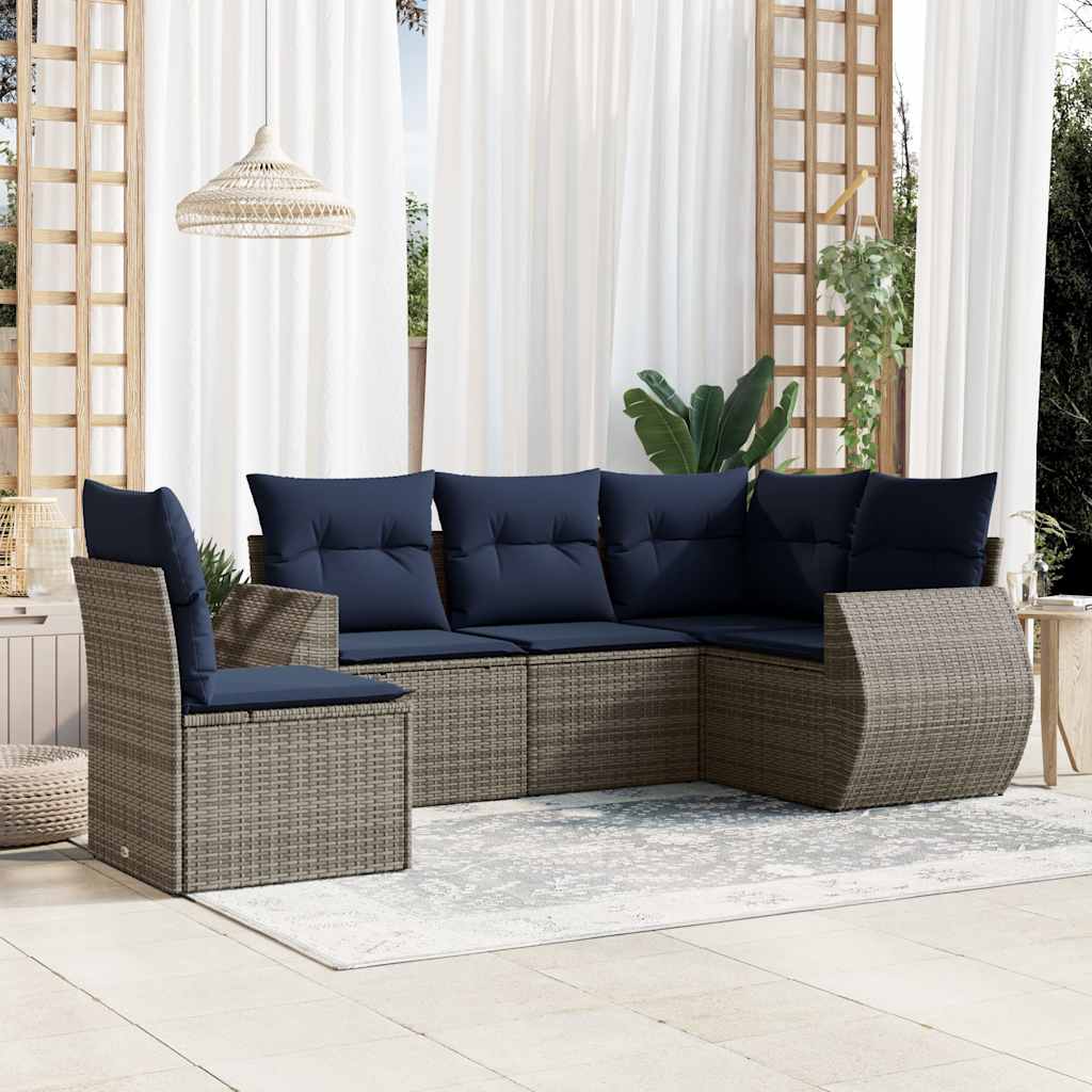 Havesofasæt i grå polyrattan med 5 dele og marineblå hynder