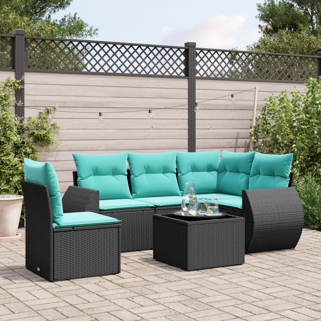 6-teiliges Gartensofa-Set mit Kissen, schwarzes Polyrattan