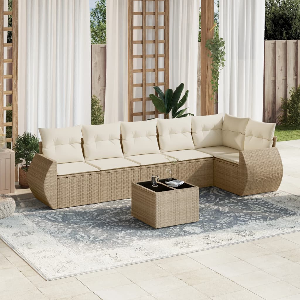 vidaXL 7-tlg. Garten-Sofagarnitur mit Kissen Beige Poly Rattan