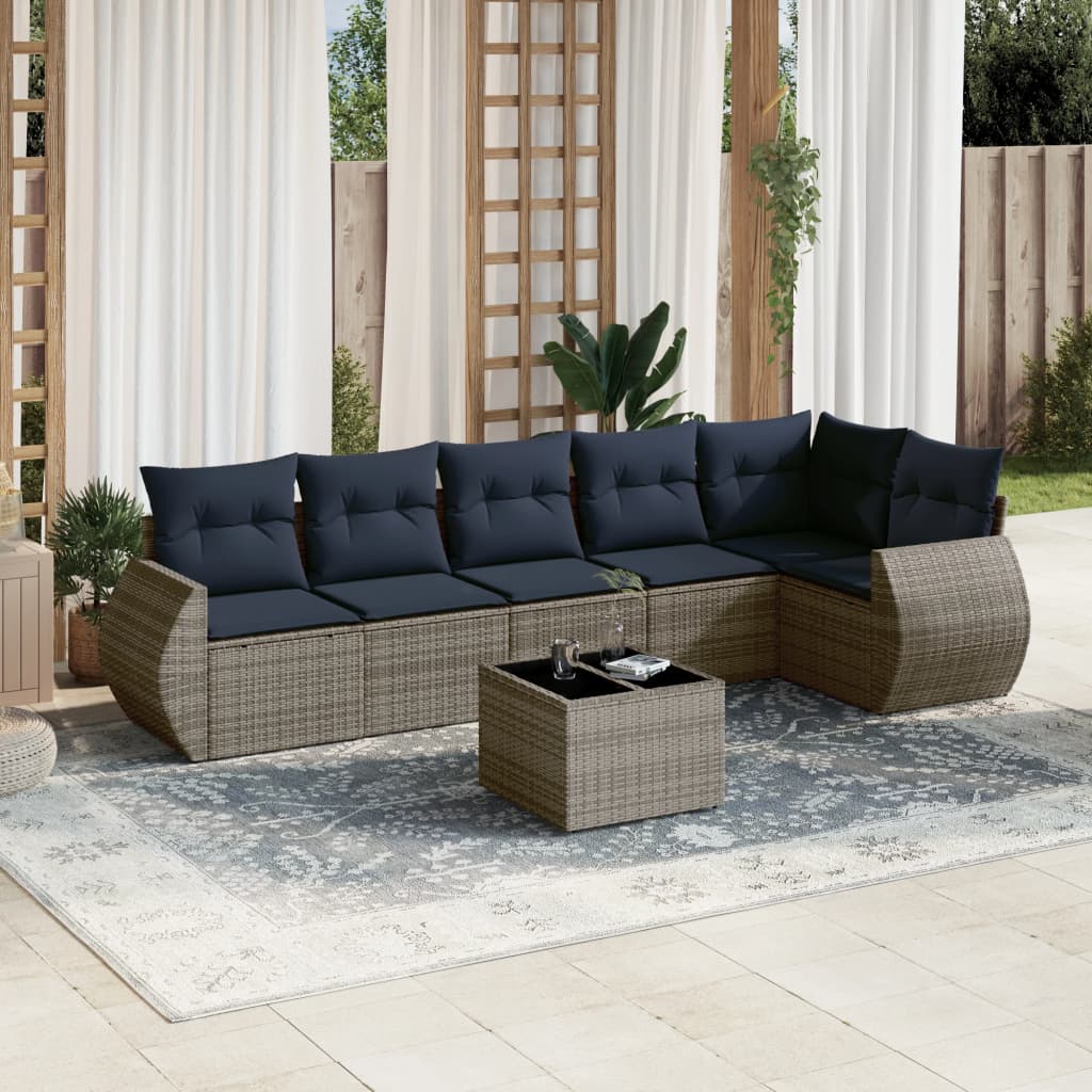 7-teiliges Gartensofa-Set mit Kissen, grau, Polyrattan