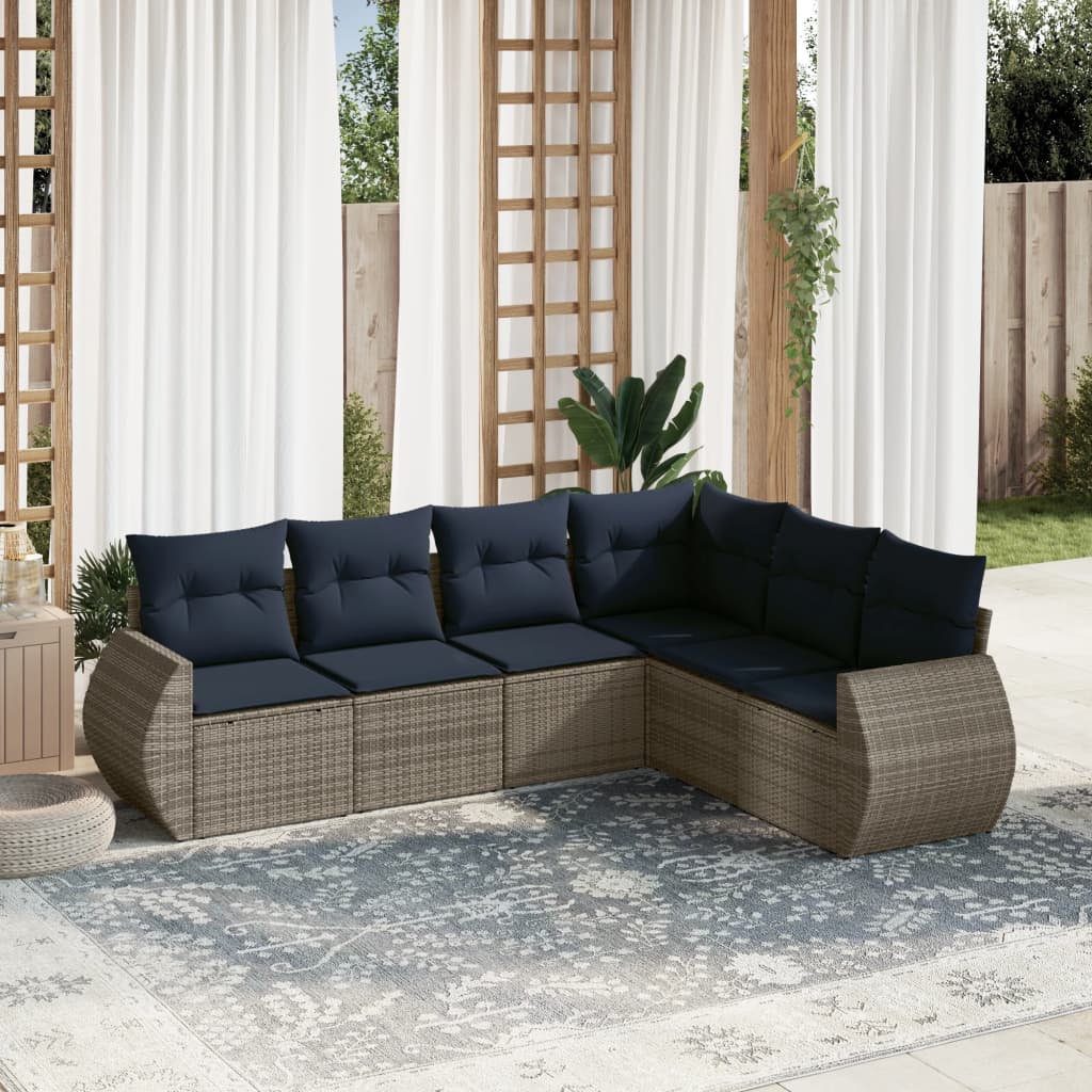 Havesofasæt i grå polyrattan - 6 dele med marineblå hynder