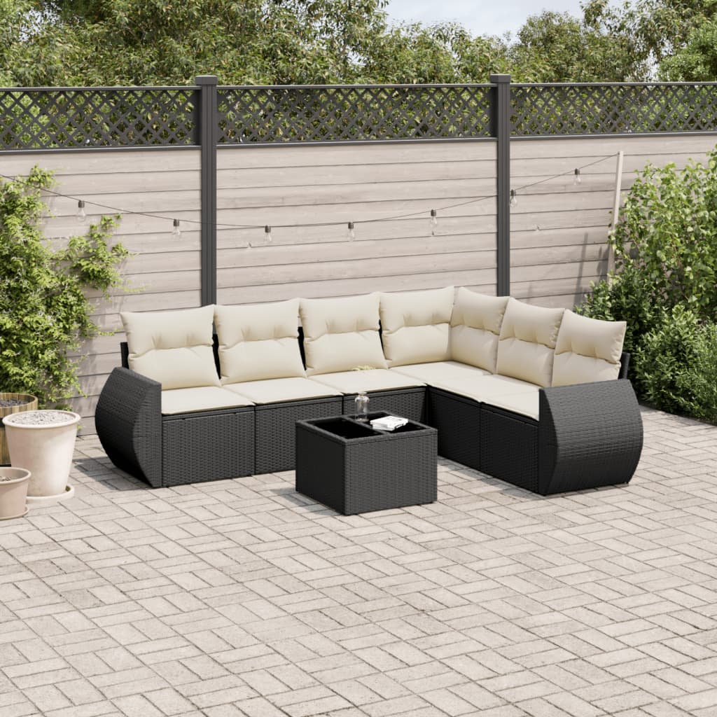 7-tlg. Garten-Sofagarnitur mit Kissen Schwarz Poly Rattan