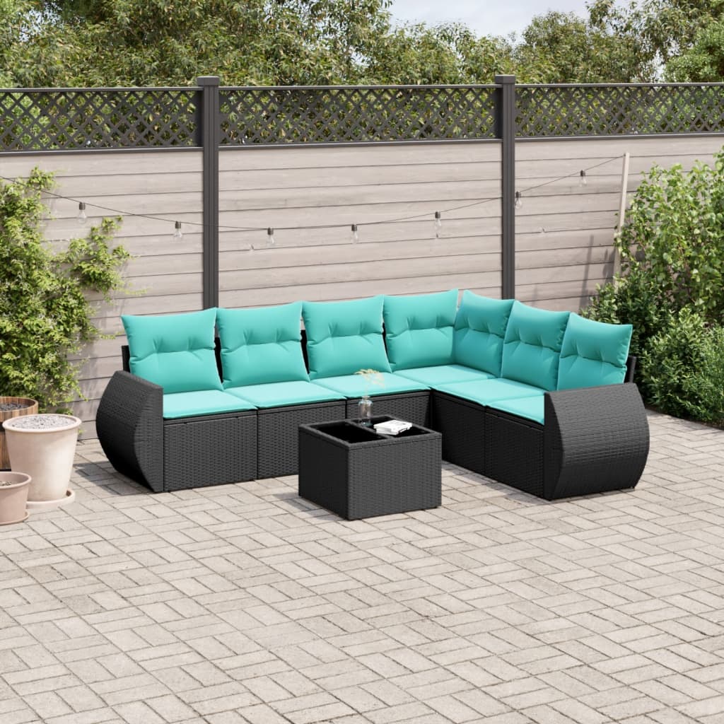 vidaXL 7-teiliges Gartensofa-Set mit Kissen, schwarzes Polyrattan