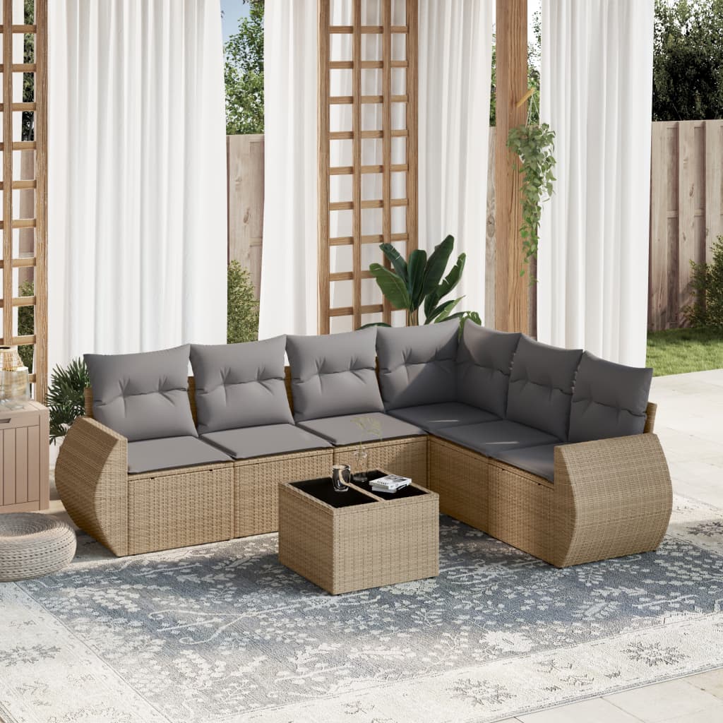 vidaXL 7-tlg. Garten-Sofagarnitur mit Kissen Beige Poly Rattan