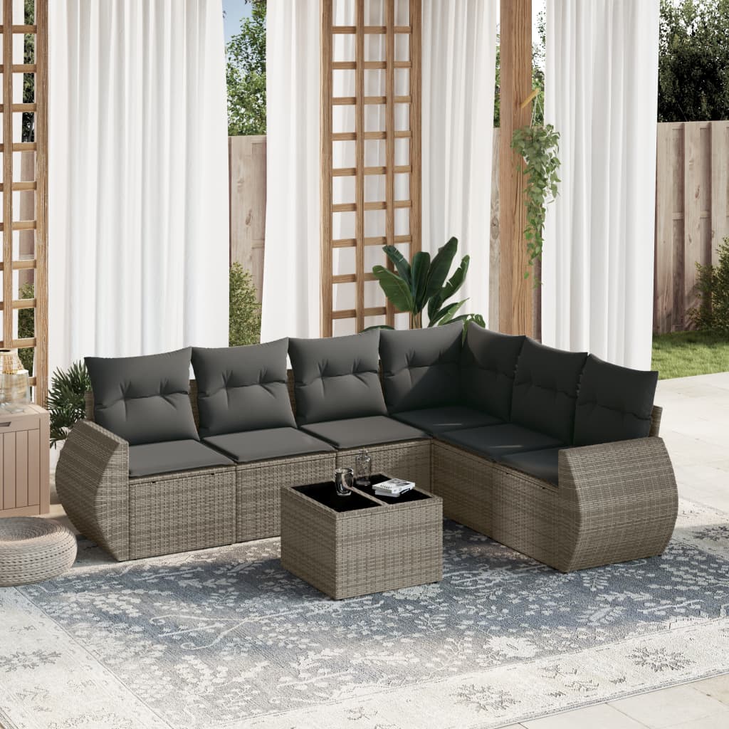 vidaXL 7-tlg. Garten-Sofagarnitur mit Kissen Grau Poly Rattan